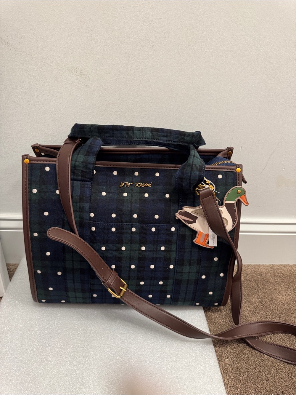 Betsey Johnson Navy Plaid Polka Dot Satchel bag with Duck Charm NWT